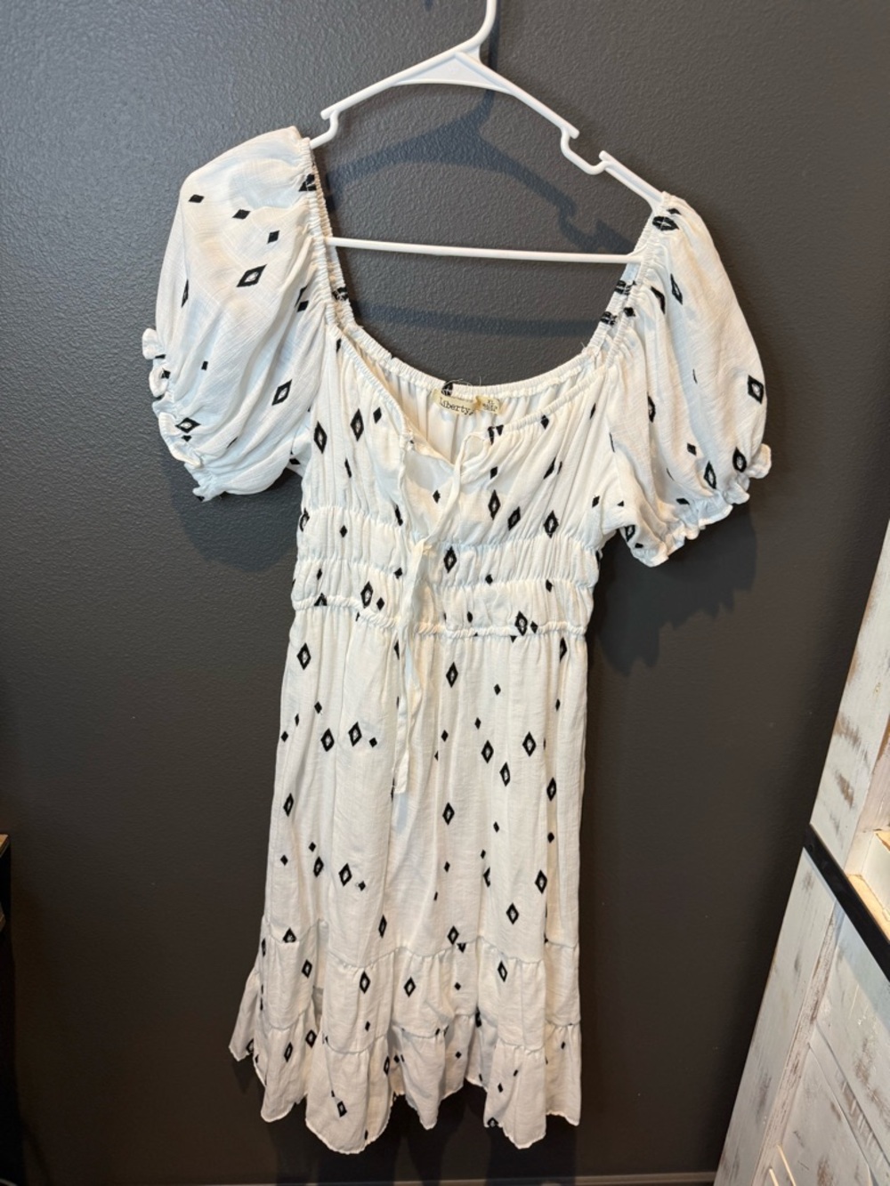 Liberty Love White Midi Dress with Black Diamond Motif